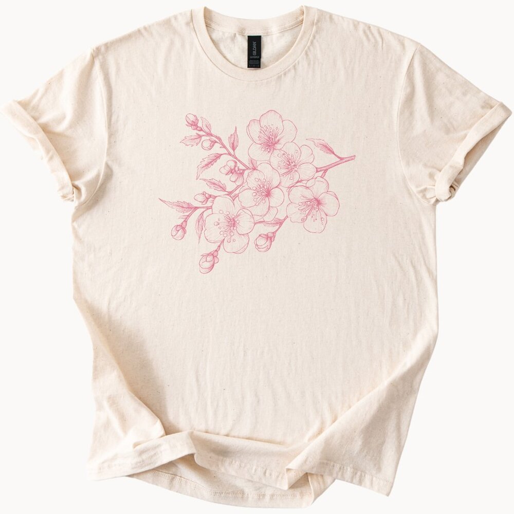 Cherry Blossom Line Art Graphic Tee Spring Floral Drawing Soft Cotton Shirt